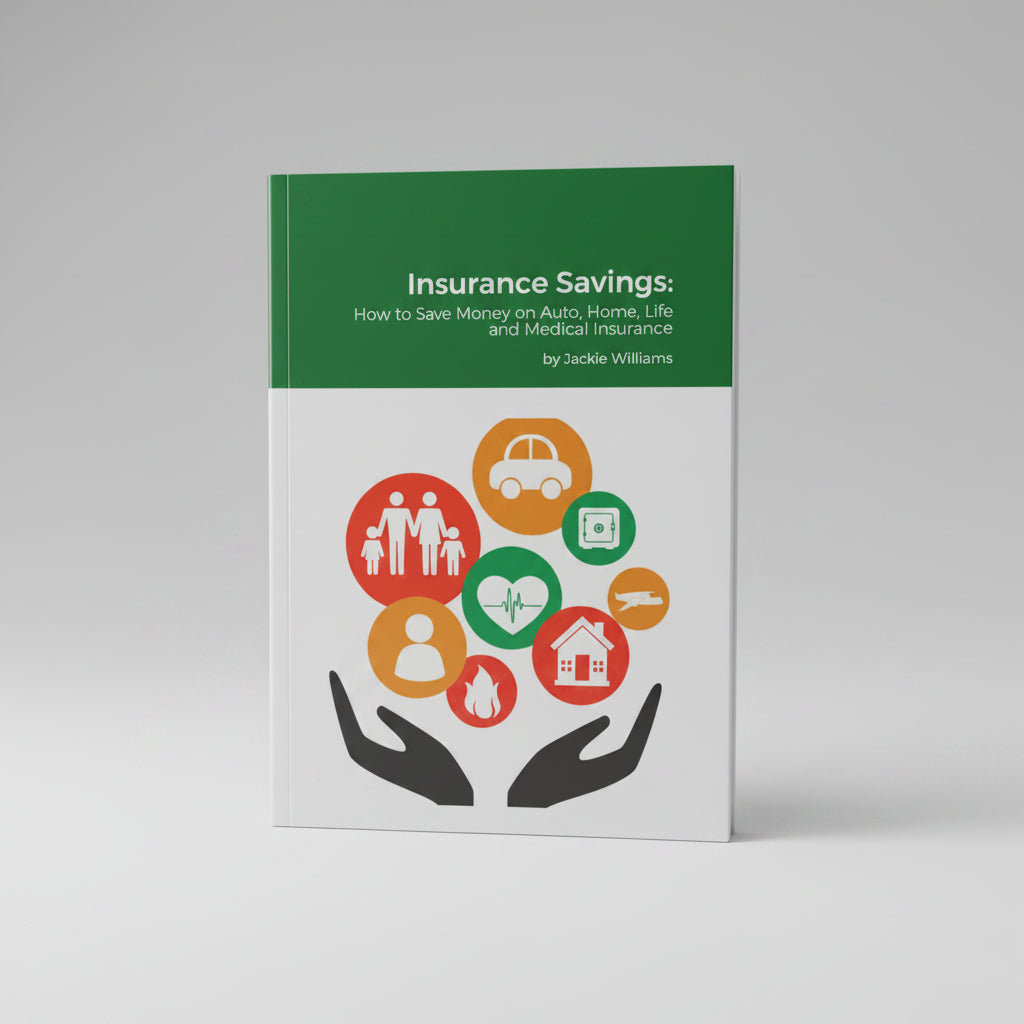 A book titled 'Insurance Savings: How to Save Money on Auto, Home, Life and Medical Insurance' by Jackie Williams, featuring a green and white cover with colorful circular icons representing different types of insurance.