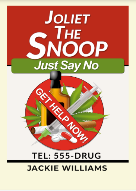 A young adult mystery book cover featuring various drug illustrations and a slogan that states "GET HELP NOW" with the telephone number 555-DRUG.
