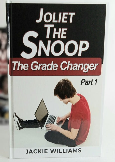 Young adult mystery book depicting a white teen boy on a laptop