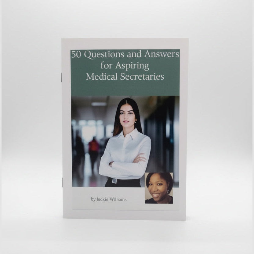 A book titled '50 Questions and Answers for Aspiring Medical Secretaries' by Jackie M. Williams, standing upright on a light gray background.