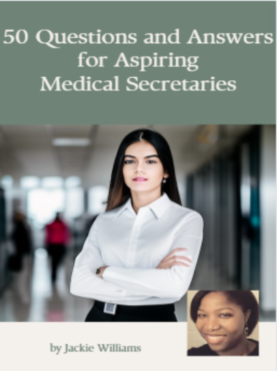 A How To book for aspiring medical secretaries showing  a white woman, wearing a white shirt and black slacks with her arms folded